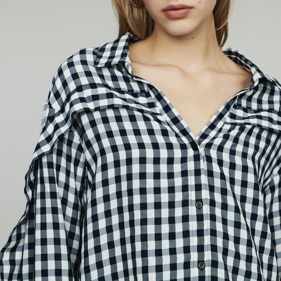 Maje Ruffled-Trim Checked Woven Shirt In Carreaux / Size 1 / Small Blouse - Picture 2 of 11
